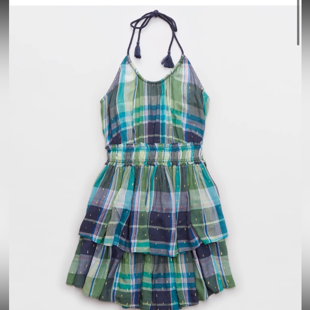 Aerie Plaid Halter Dress in Green and Blue